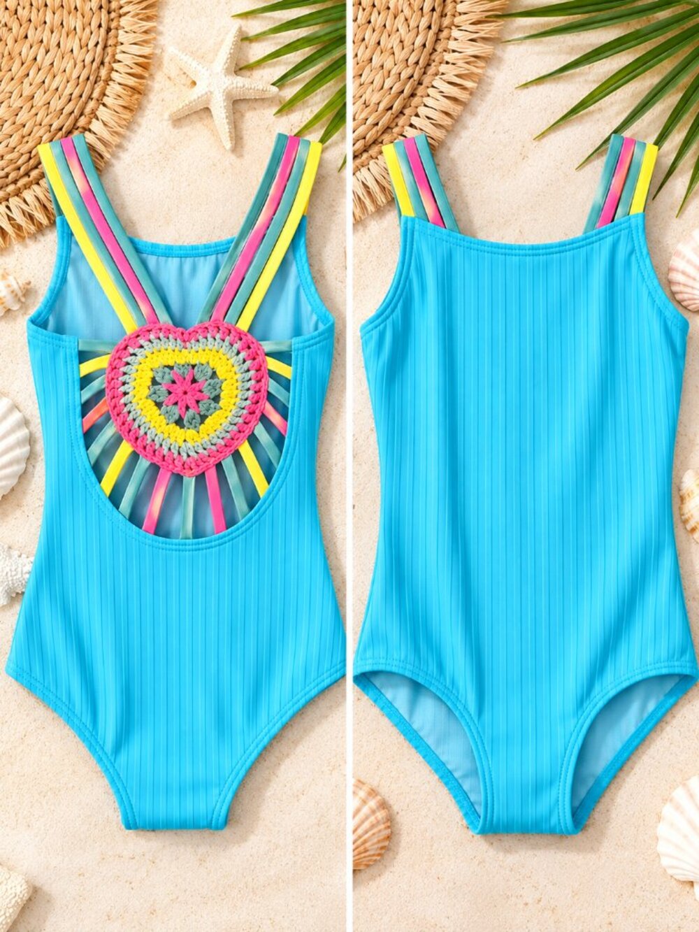 Breaking Waves Girls Swimsuit Light Blue Crochet Heart One Piece XS 4/5